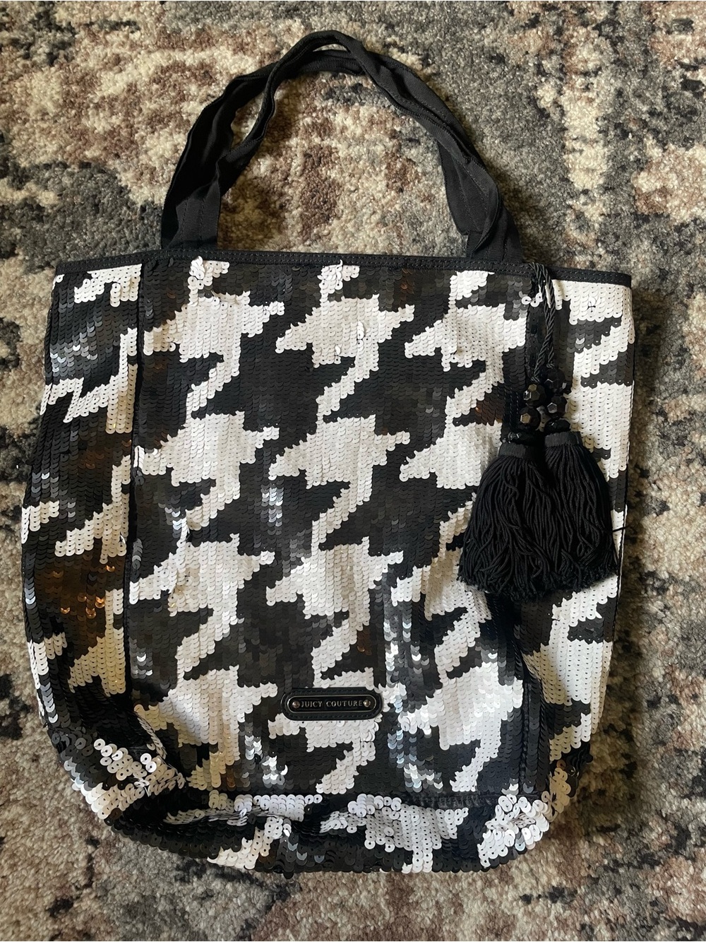 Juicy Couture Crimson Tide Black & White Sequin Houndstooth Sabrina Large Tote